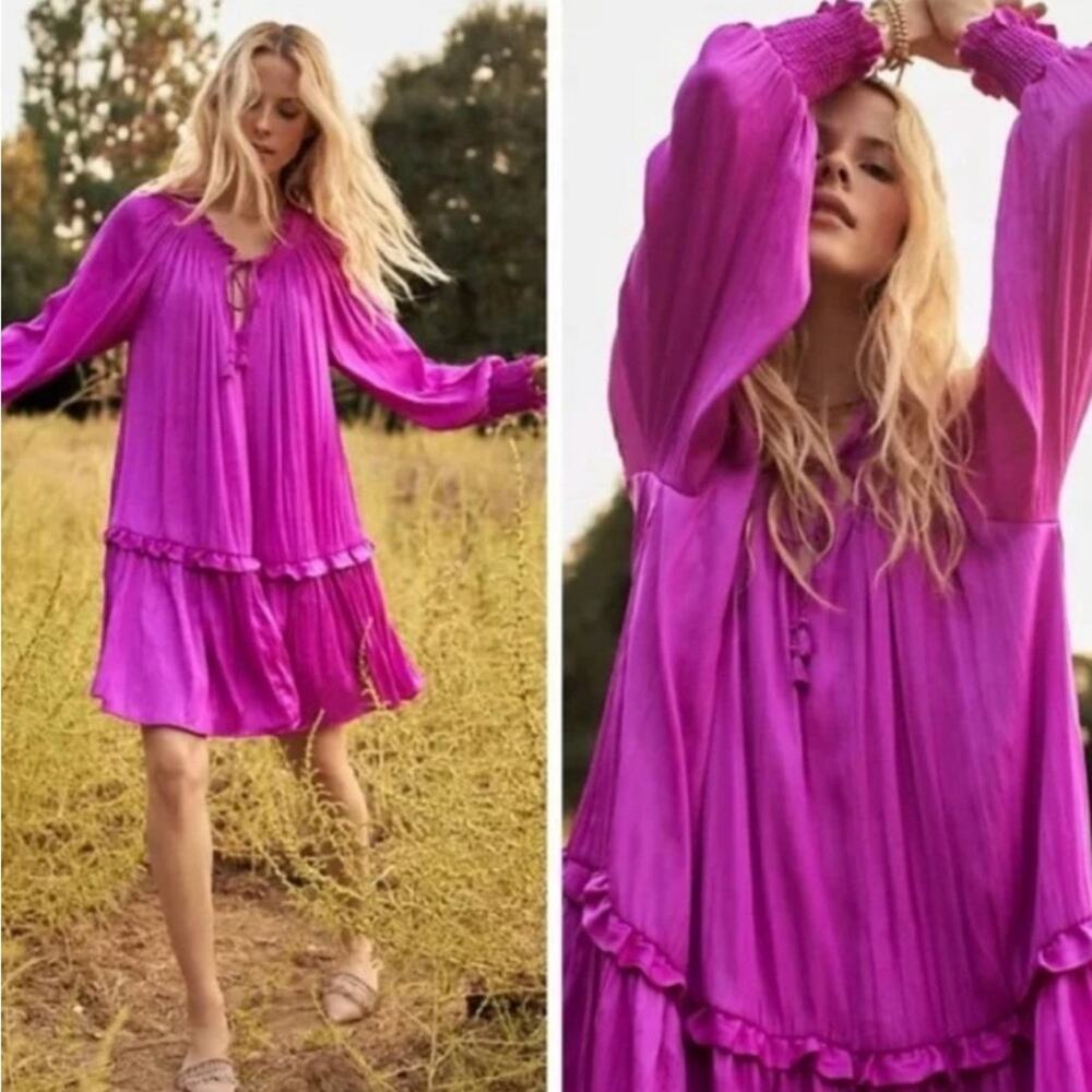 Anthropologie Giulia Tunic Dress Tiered Long Sleeves Ruffled Hot Pink XS to Med